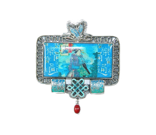 30468 Handmade Tile with Enamel and Carnelian Sterling Silver Pin Pendant