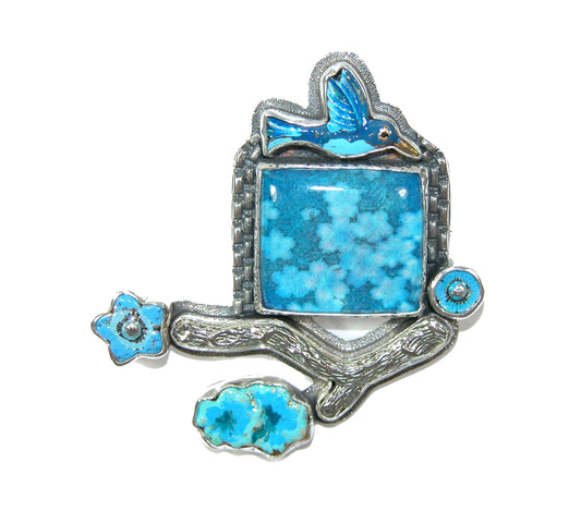 30470 Hand Made Tile, Bird Sterling Silver Pin and Pendant