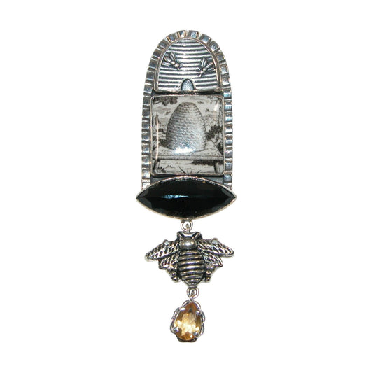 30471 Black Onyx, Citrine Bee Sterling Silver Pin and Pendant