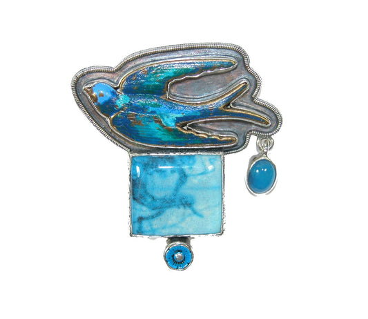 30472 Handmade Tile with Enamel and Blue Onyx Pin Pendant