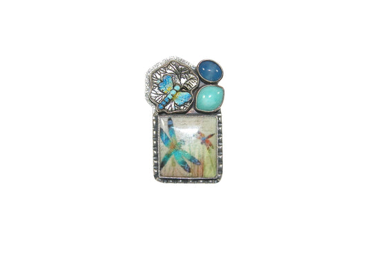 30473 Carved Turquoise, Blue Onyx Enamel Sterling Silver Pin Pendant