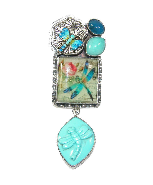 32935 Carved Turquoise, Blue Onyx Enamel Sterling Silver Pin Pendant