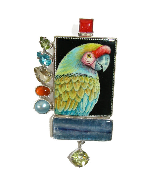 Hand Painted Miniature Kyanite Coral Sterling Silver Pin Pendant