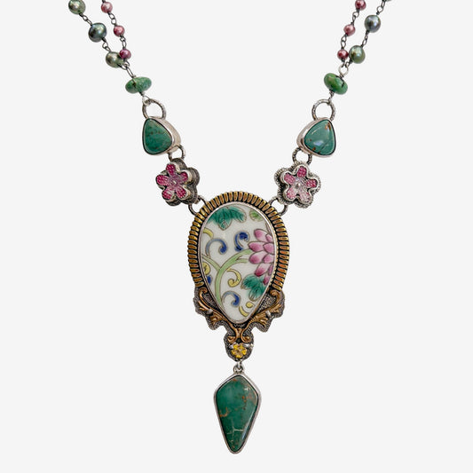 30477 Vintage Porcelain, Freshwater Pearl, Turquoise Beaded Necklace