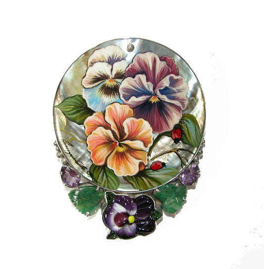 Hand Painted Pansies Mother of Pearl Amethyst Sterling Silver Pin Pendant