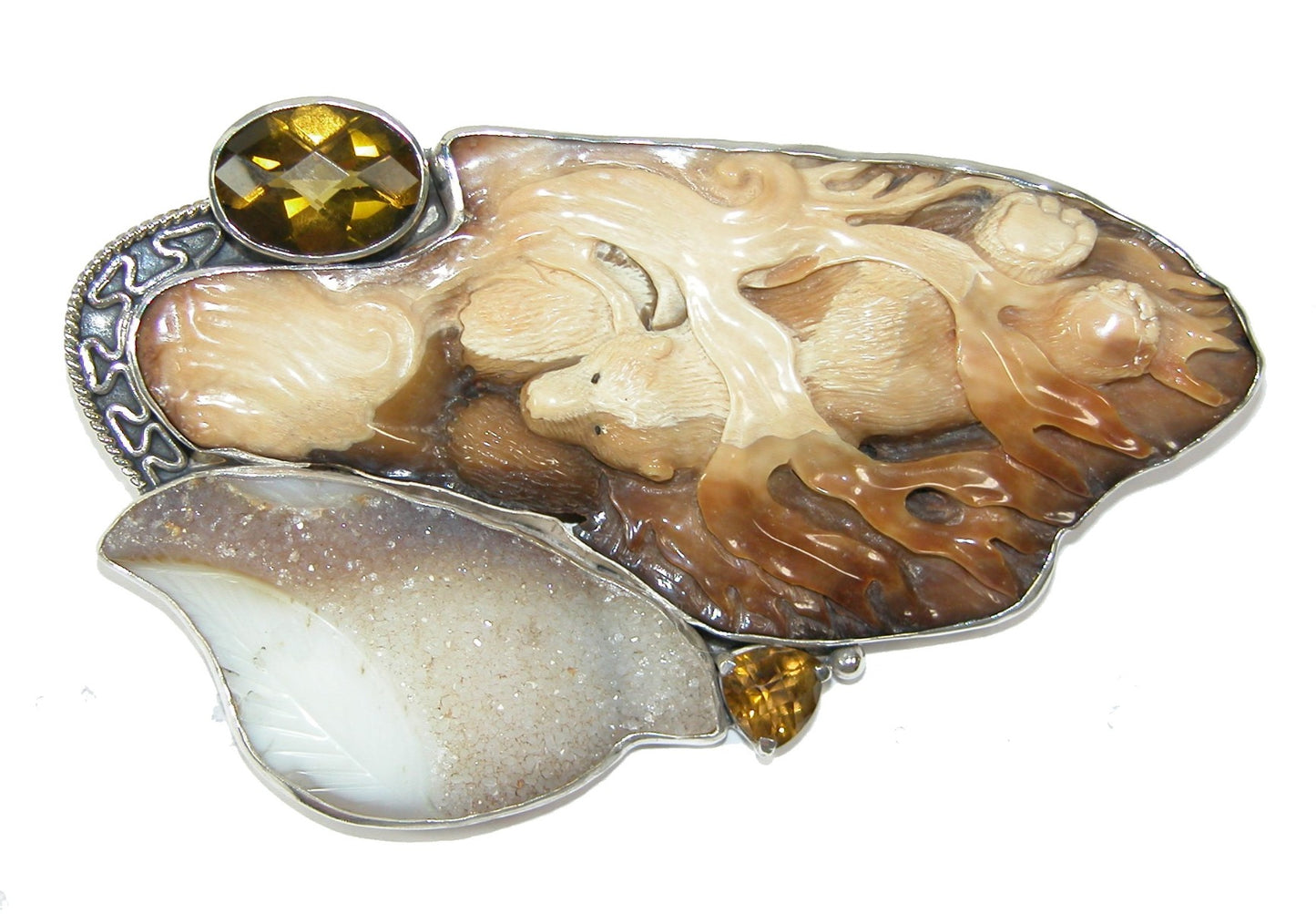 Hand Carved Fossil Ivory Bear Drusy Sterling Silver Pin Pendant