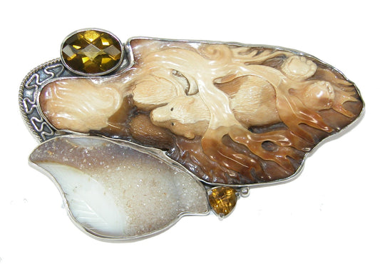 Hand Carved Fossil Ivory Bear Drusy Sterling Silver Pin Pendant