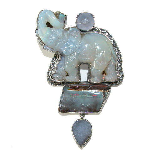 Chalcedony Opal Elephant Bolder Opal Pin Pendant