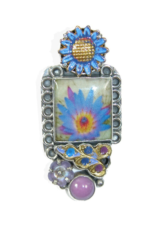 30491 Mother of Pearl, Floral Handmade Tile Enameled Flower Sterling Silver Pin Pendant