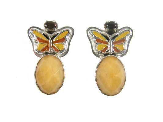 30492 Yellow Jade Smoky Topaz Hand Enameled Sterling Silver Earrings