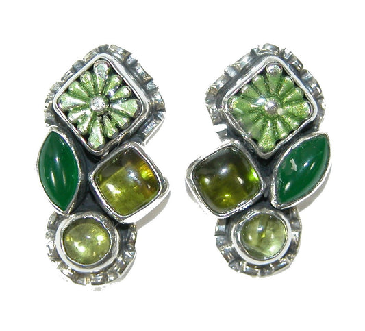 30496 Peridot, Green Onyx, Enamel Sterling Silver Cluster Earrings