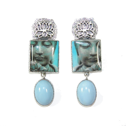 Buddha Tile Lotus Flower Blue Opal Sterling Silver Earring