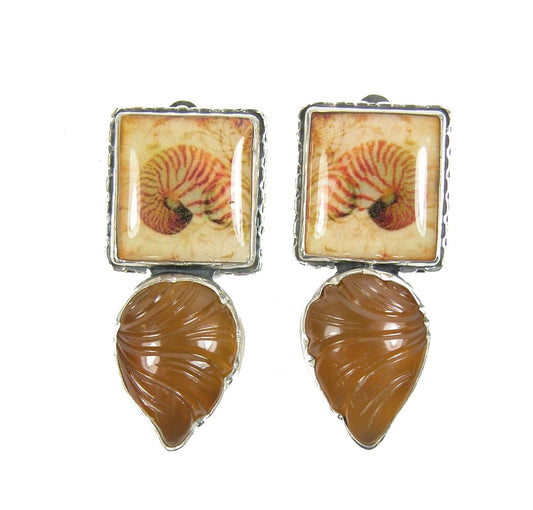 Handmade Tile and Carnelian on Sterling Silver Clip-On Earring