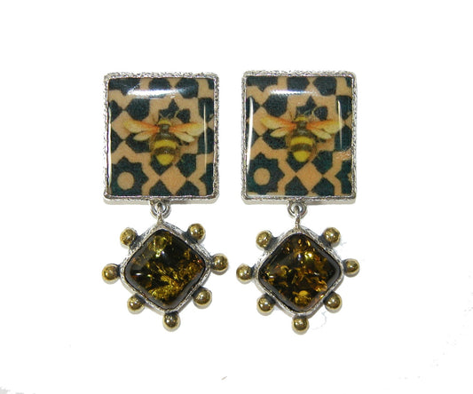 30510 Handmade Bee Tile with Amber on Sterling Silver Earring