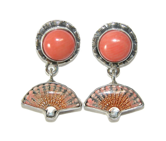 30518 Peach Coral with Enamel Fan Sterling Silver Earring