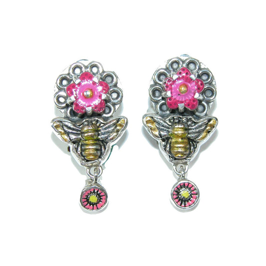 30519 Enamel Bee Flowers Sterling Silver Earrings