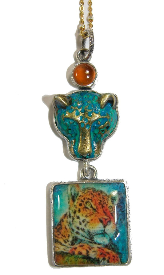 Handmade Leopard Tile Hessonite Sterling Silver Pendant Necklace