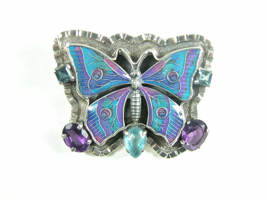 30538 Hand-enameled Butterfly, Blue Topaz, Amethyst and Sterling Silver Pin/Pendant