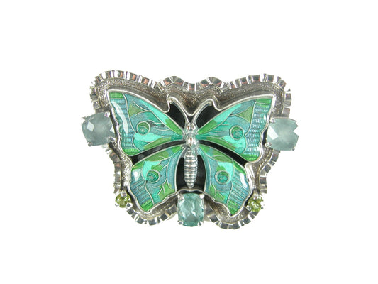 30538A Hand-enameled Butterfly, Aquamarine, Peridot and Sterling Silver Pin/Pendant