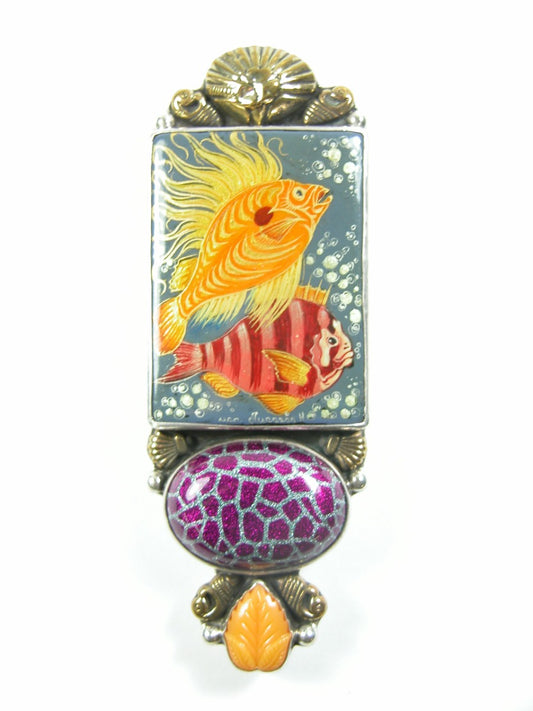 Hand Painted Fish Miniature Enamel Quartz Sterling Silver Pin Pendant