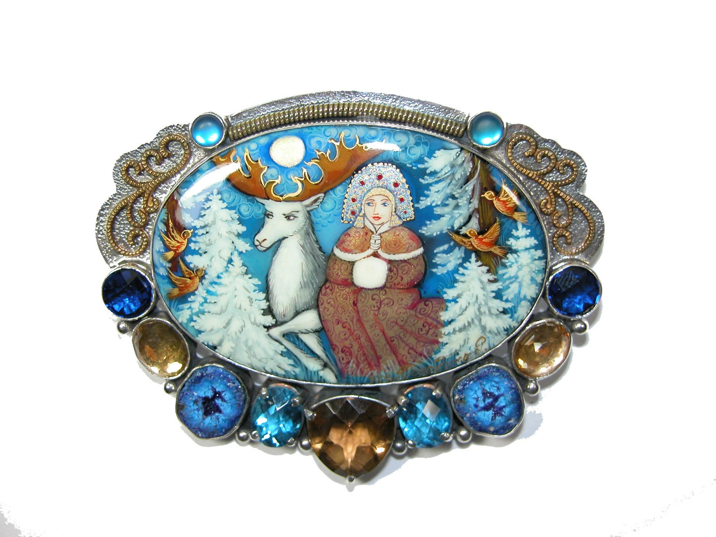 Hand Painted Miniature Cognac Topaz Azurite Geode Pin Pendant