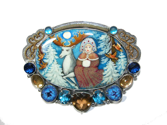 Hand Painted Miniature Cognac Topaz Azurite Geode Pin Pendant