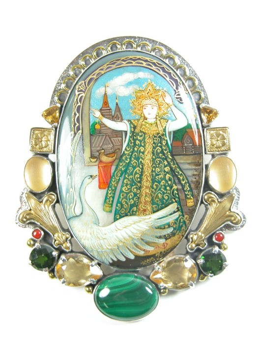 Hand Painted Miniature Malachite Sterling Silver Pin Pendant