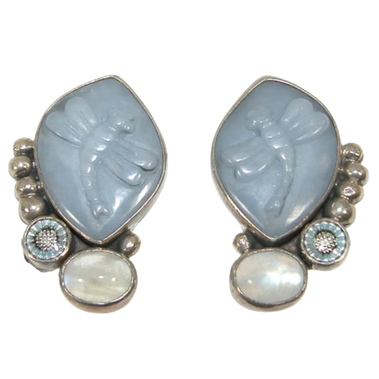 30566 Carved Angelite Dragonfly and Moonstone with Hand Enameled floral Sterling Silver Earrings