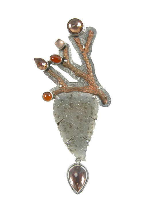 Drusy Carnelian Rose Quartz Sterling Silver Pin Pendant