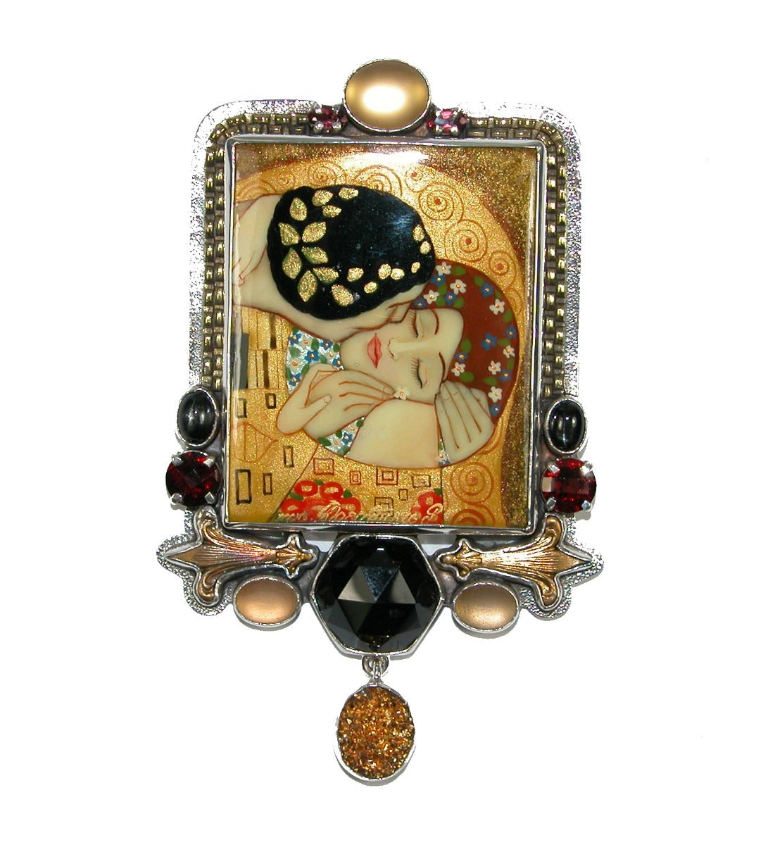 Hand Painted of The Kiss with Black Onyx Garnet on Sterling Silver Pin Pendant