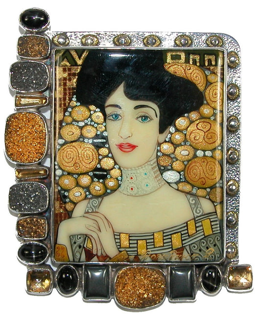 Painted Klimt Miniature Drusy Hematite Moonstone Sterling Silver Pin Pendant