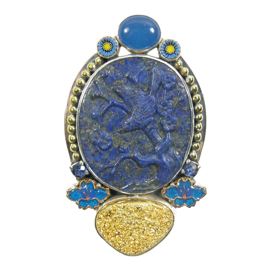 Carved Lapis, Blue Onyx, Gold Clad Drusy Agate, Quartz, Hand Painted Enamel Sterling Silver Pin and Pendant