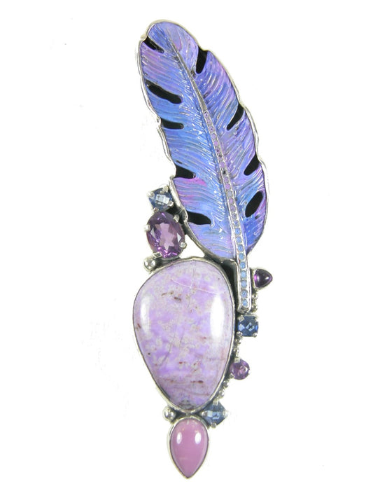 Hand Painted Enamel Purple Feather Amethyst Sterling Silver Pin and Pendant