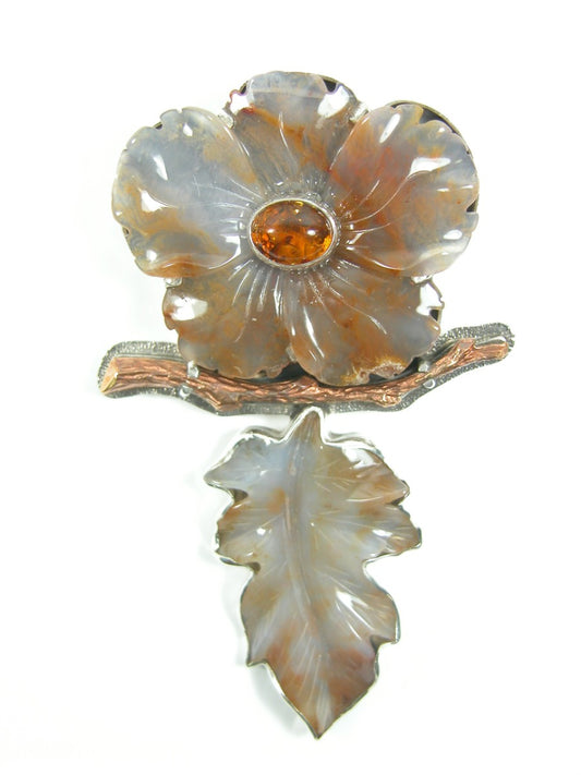 Hand Carved Agate Flower and Amber Pin Pendant