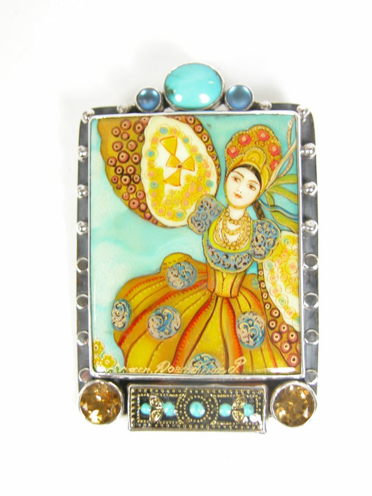 Hand Painted Lady with Turquoise and Citrine Pin Pendant
