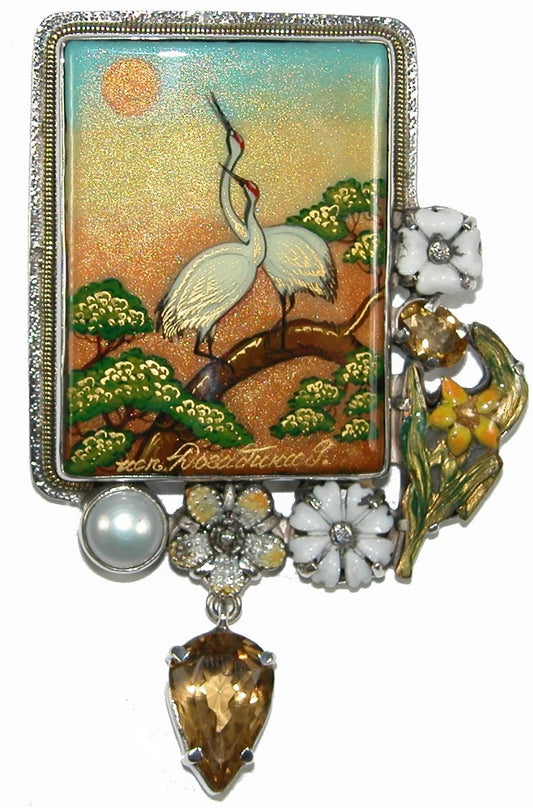 Painted Crane Miniature Citrine Enamel Flower Sterling Silver Pin Pendant
