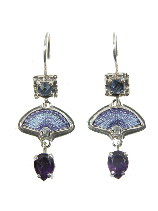 Enamel Fan Amethyst Quartz Lever Back Earring
