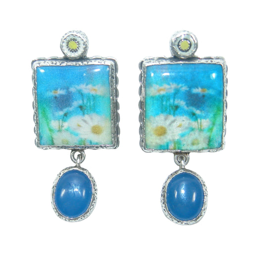 30767 Kyanite with Hand Enameled Floral and Handmade Tile Sterling Silver Earrings