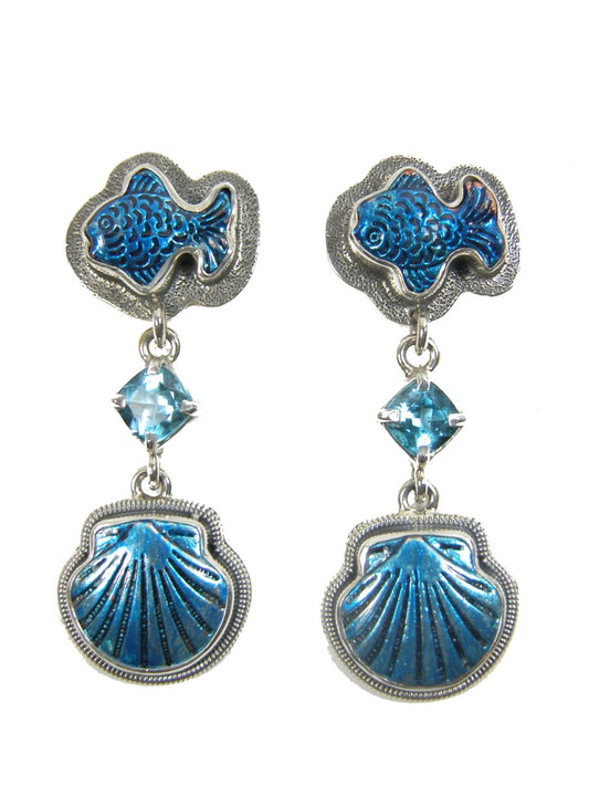 Hand Painted Enamel Blue Topaz Sterling Silver Earrings