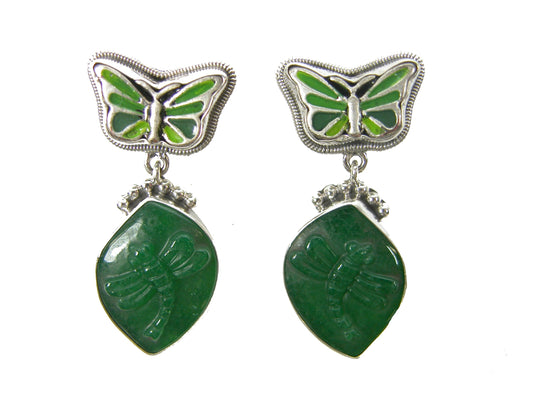 30771 Hand Enamel Butterfly Green Agate Sterling Silver Earrings