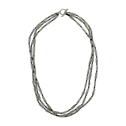 307798 Quartz Onyx Three Strand Beaded Sterling Silver Necklace
