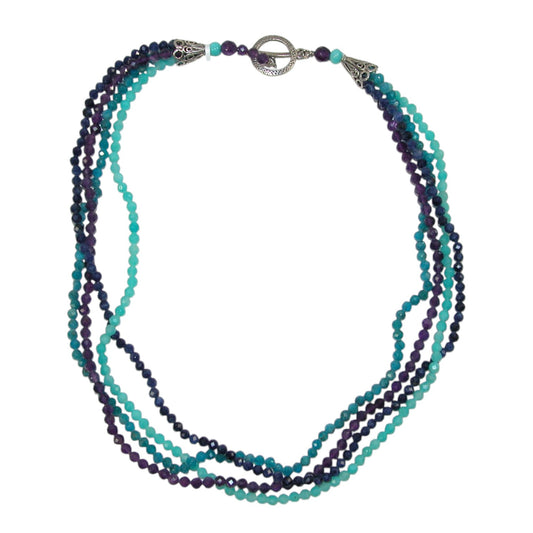 Turquoise Amethyst Four Strand Beaded Sterling Silver Necklace