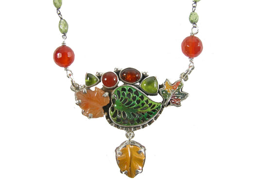 30970 Carved Carnelian and Jasper with Enamel Leaves Sterling Silver Necklace