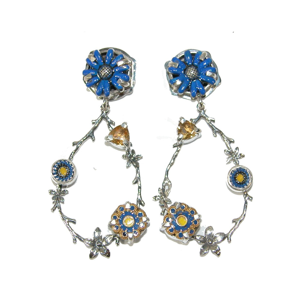 Hand Painted Enamel Flowers and Citrine Earring
