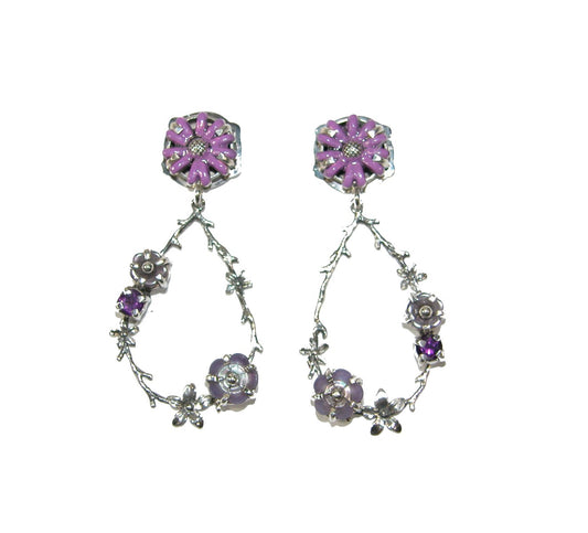 30796C Hand Painted Enamel Flower with Amethyst and Glass Earring