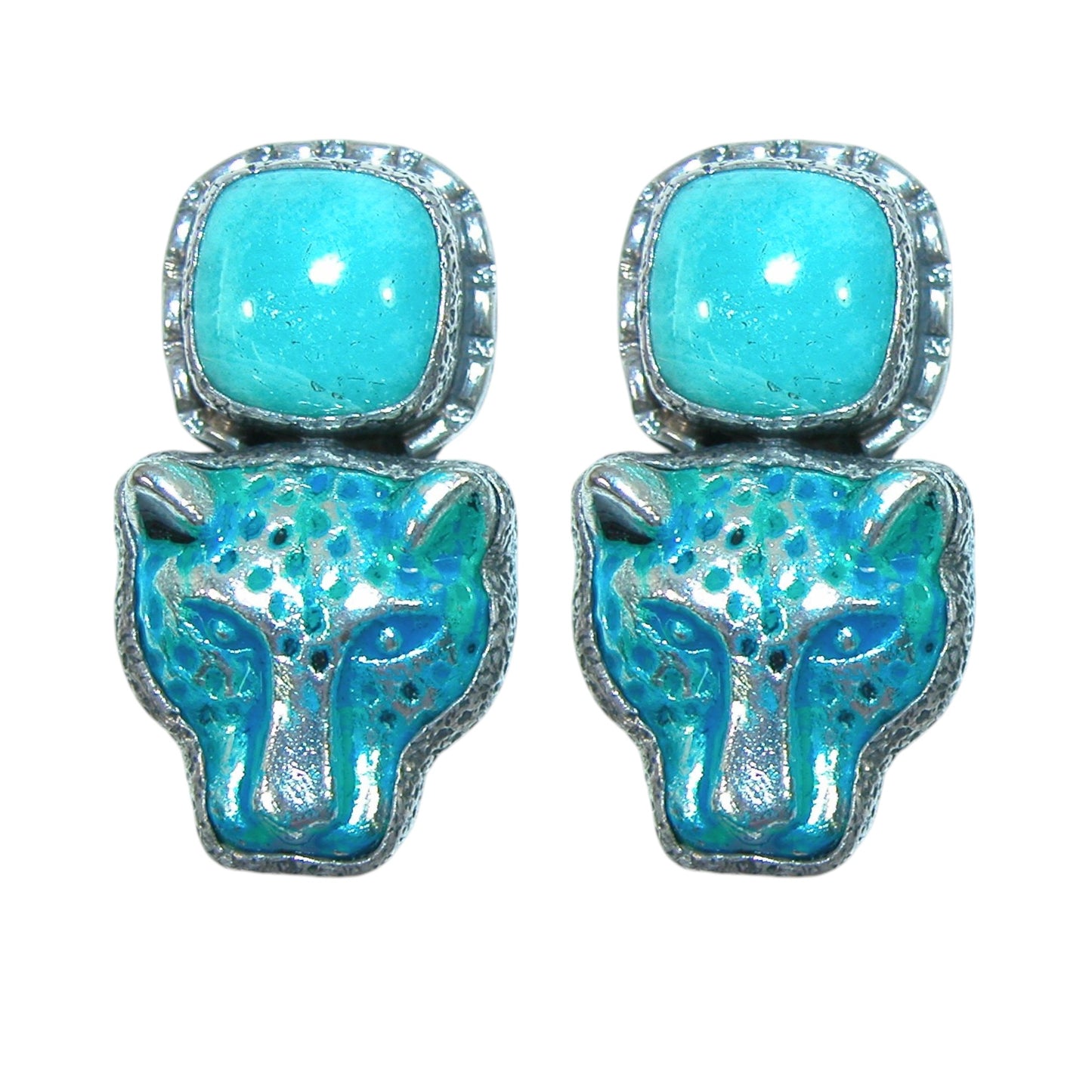 30800 Turquoise, Hand Enameling Leopard Sterling Silver Earrings