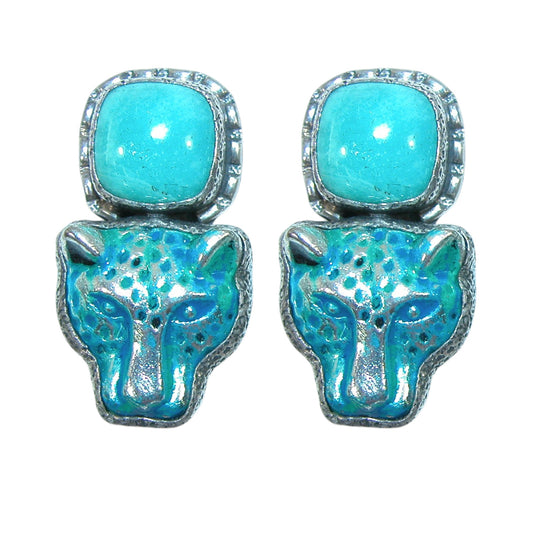 30800 Turquoise, Hand Enameling Leopard Sterling Silver Earrings