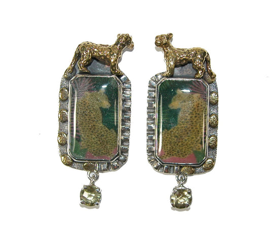 30805 Hand Made Leopard Tile with Lemon Citrine on Sterling Silver Earring