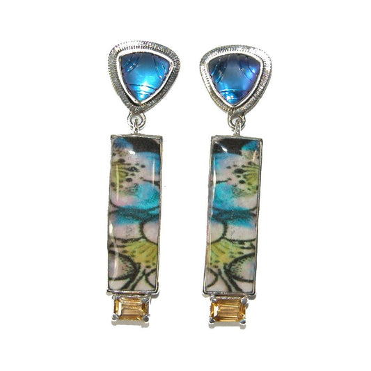 Quartz Hand Made Tile with Citrine on Sterling Silver Earring