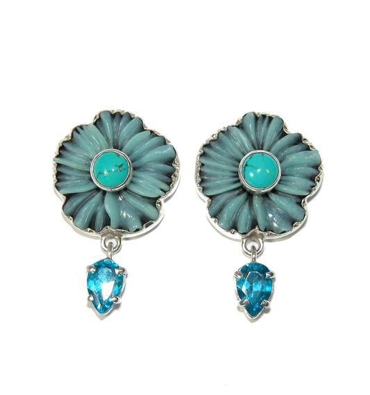 Carved Blue Turquoise Blue Topaz Sterling Silver Earrings